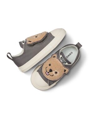 Converse Kids Gray Canvas Slip-On Sneakers with Teddy Bear Patch